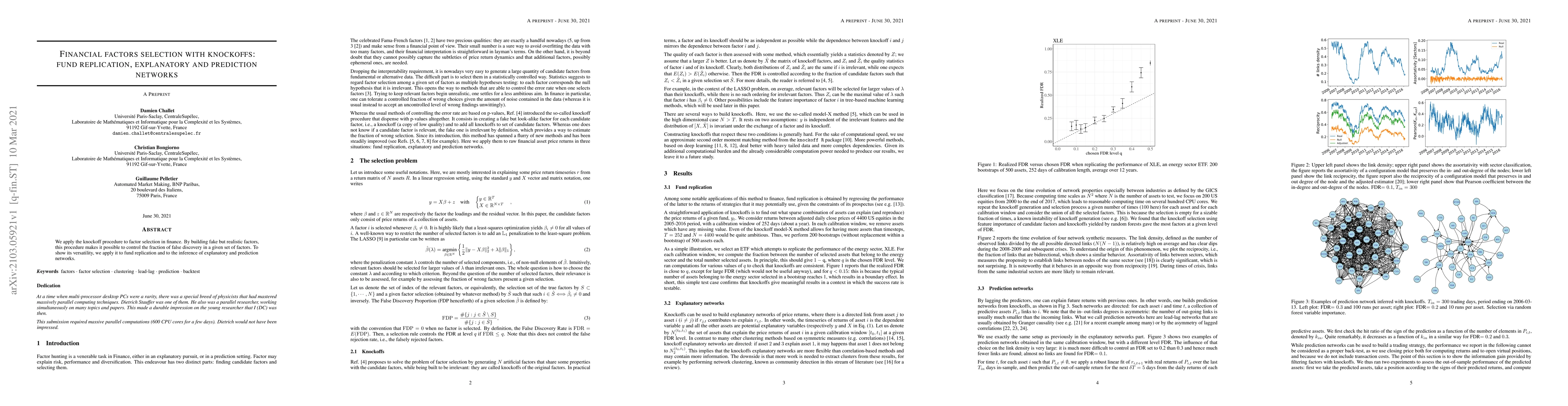 Thumbnail for Financial factors selection with knockoffs: fund replication,
  explanatory and prediction networks