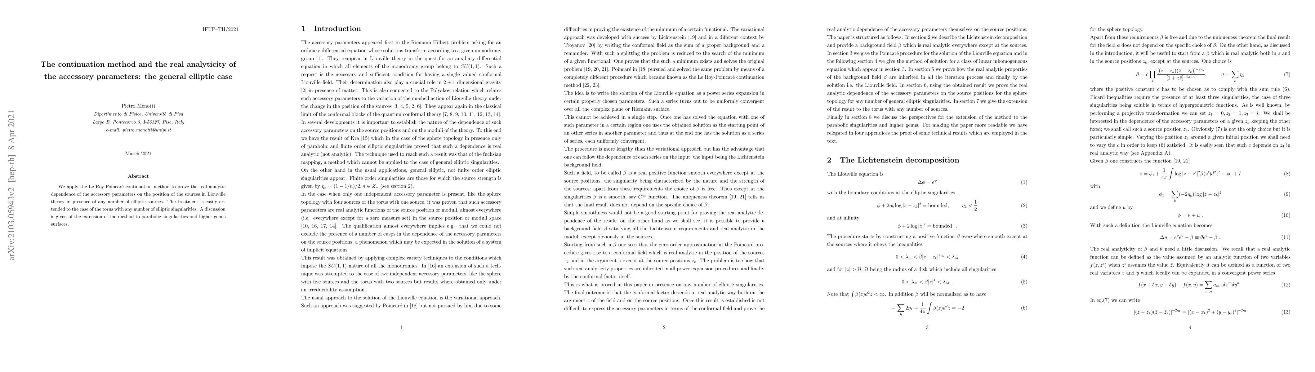 Thumbnail for The continuation method and the real analyticity of the accessory
  parameters: the general elliptic case