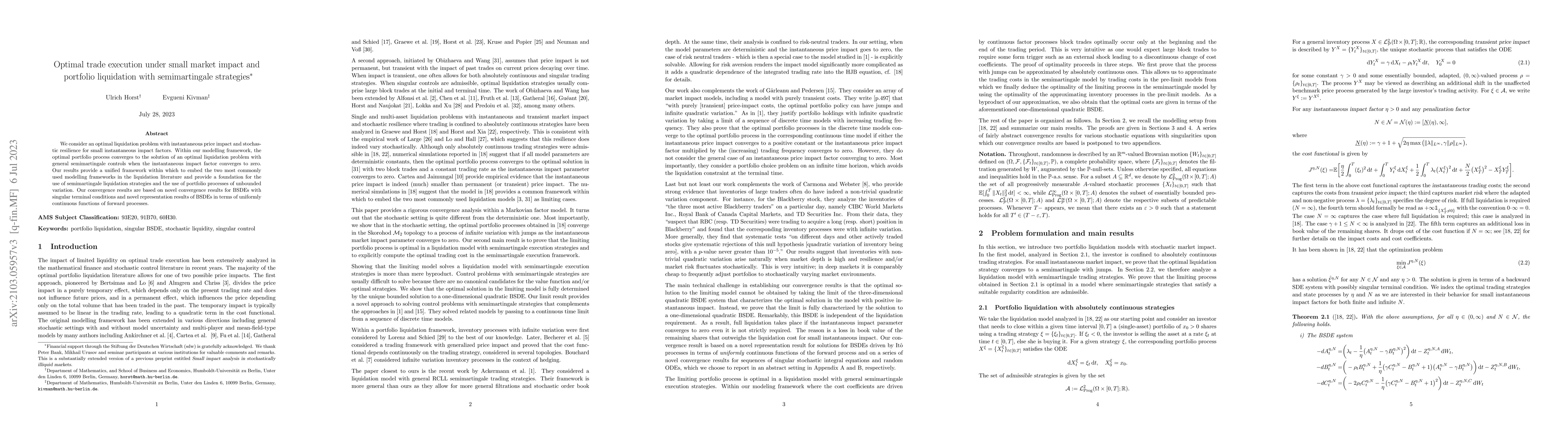 Thumbnail for Optimal trade execution under small market impact and portfolio
  liquidation with semimartingale strategies
