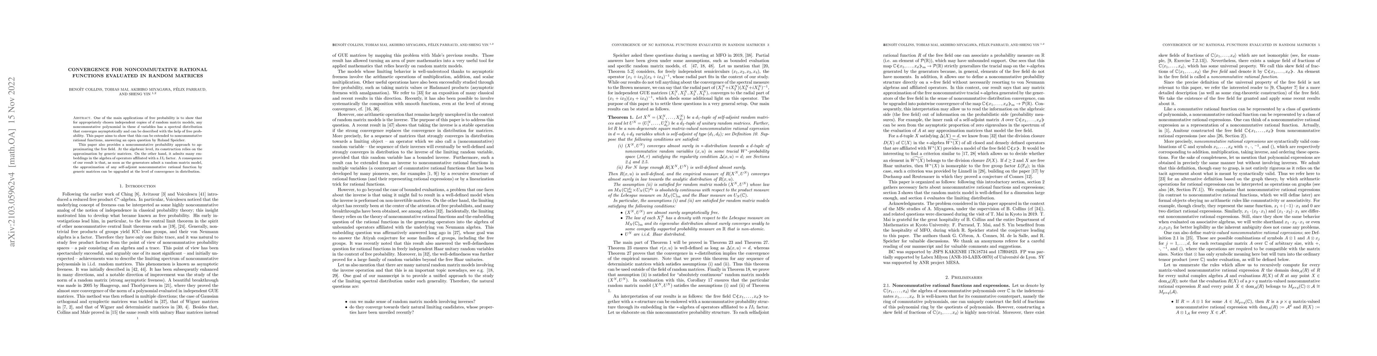Thumbnail for Convergence for noncommutative rational functions evaluated in random
  matrices