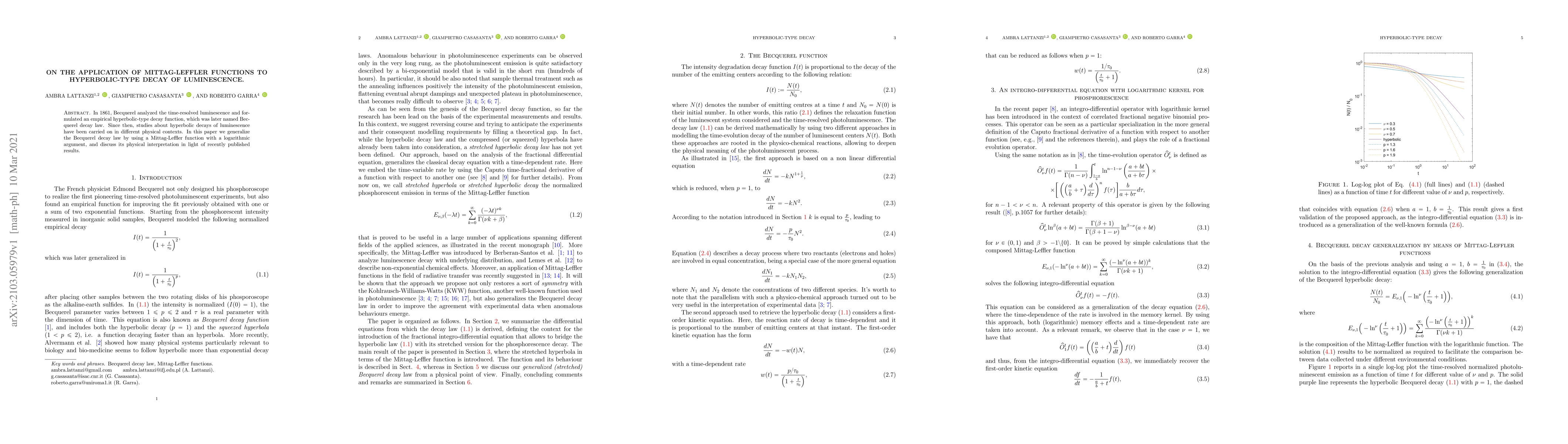 Thumbnail for On the application of Mittag-Leffler functions to hyperbolic-type decay
  of luminescence