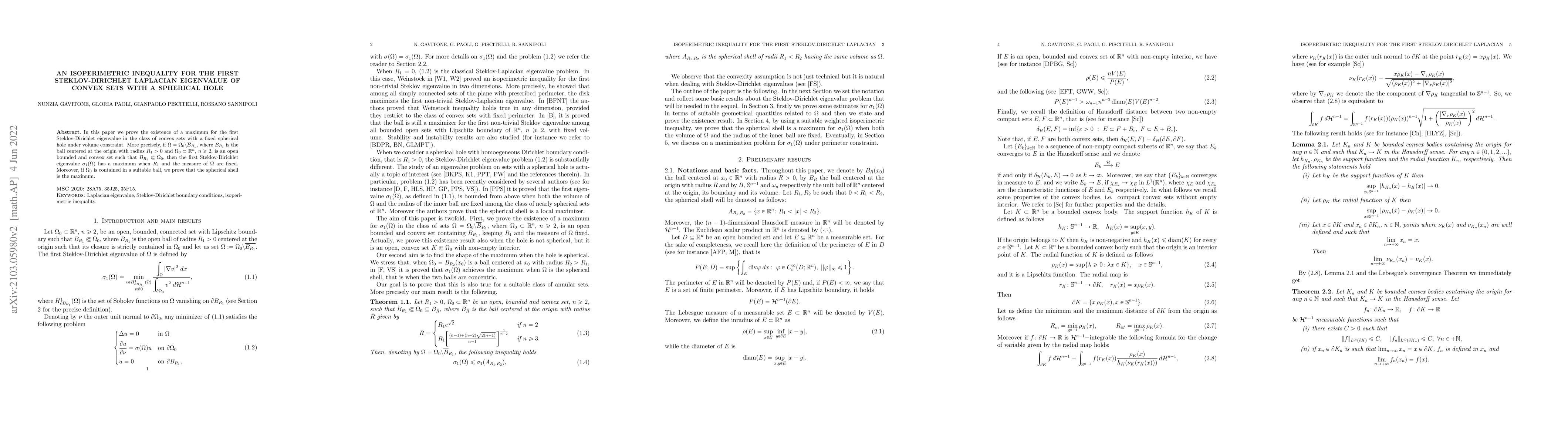 Thumbnail for An isoperimetric inequality for the first Steklov-Dirichlet Laplacian
  eigenvalue of convex sets with a spherical hole