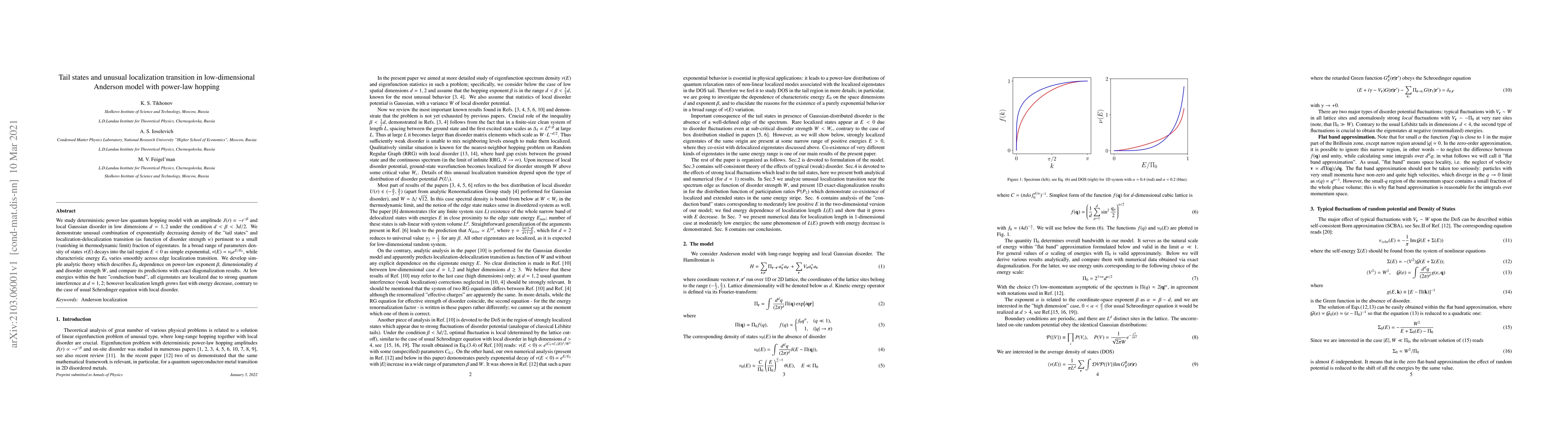 Thumbnail for Tail states and unusual localization transition in low-dimensional
  Anderson model with power-law hopping