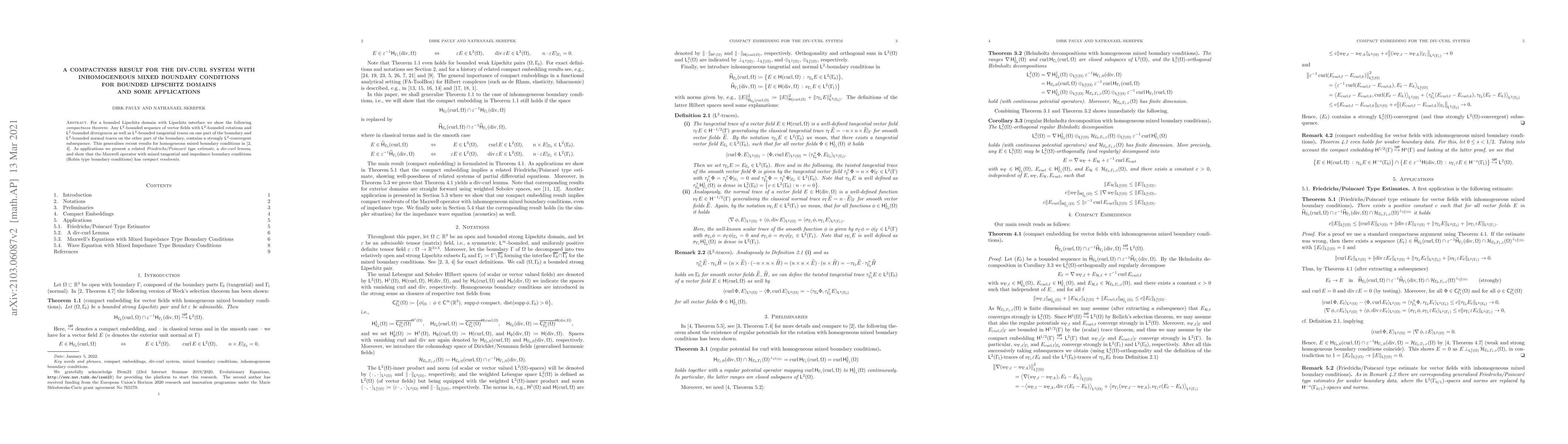 Thumbnail for A Compactness Result for the div-curl System with Inhomogeneous Mixed
  Boundary Conditions for Bounded Lipschitz Domains and Some Applications