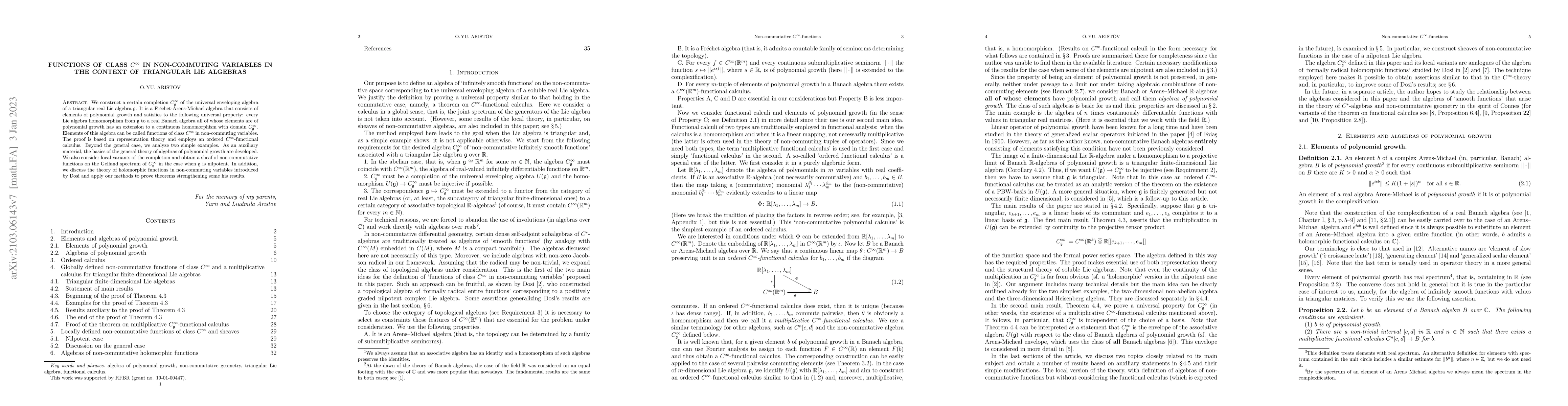 Thumbnail for Functions of class $C^\infty$ in non-commuting variables in the context
  of triangular Lie algebras