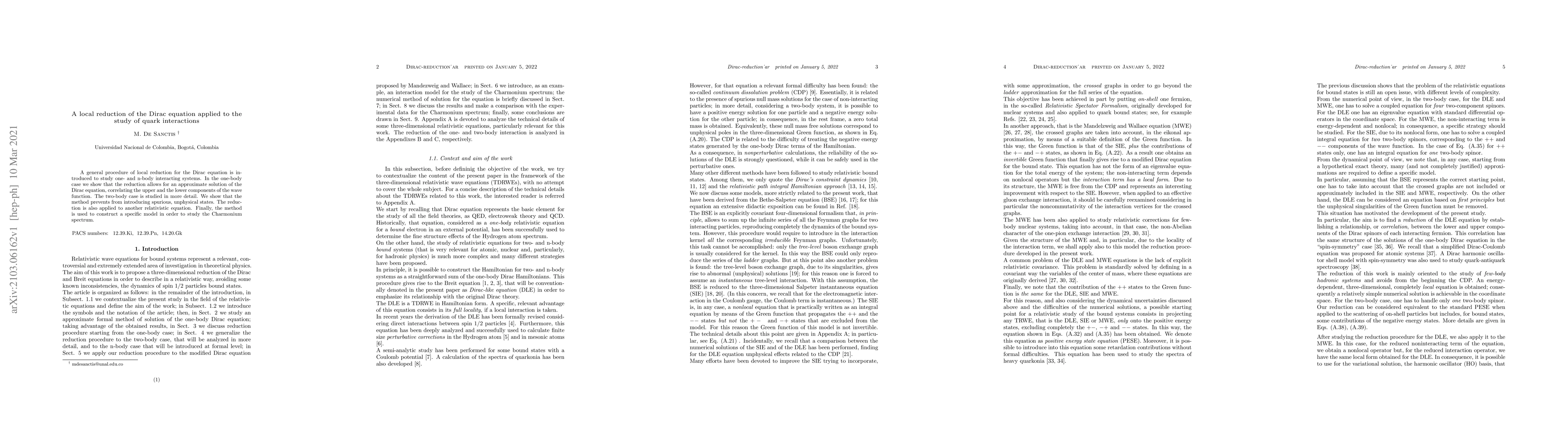 Thumbnail for A local reduction of the Dirac equation applied to the study of quark
  interactions