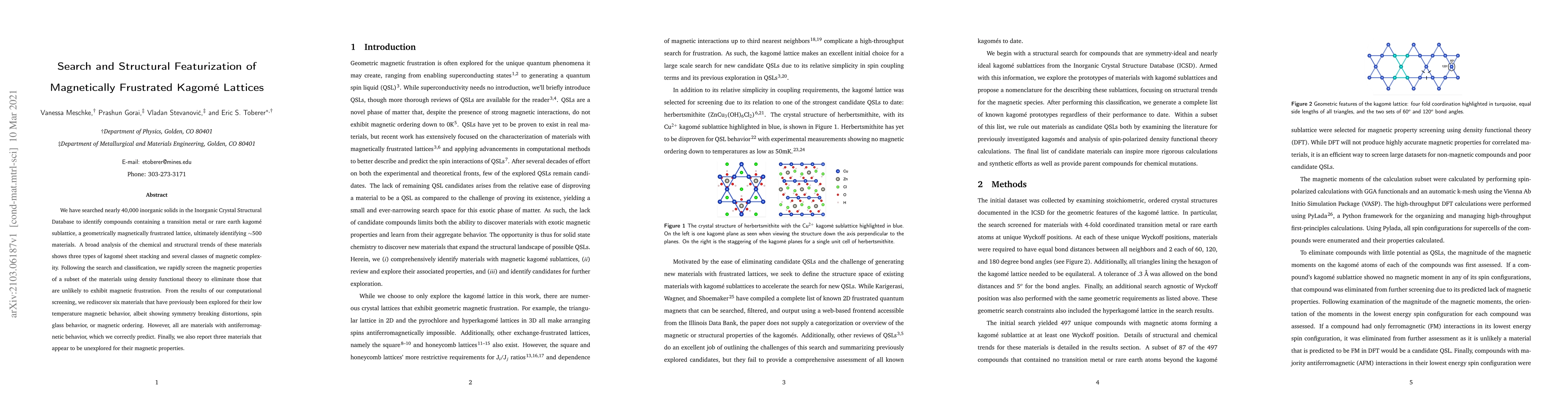 Thumbnail for Search and Structural Featurization of Magnetically Frustrated Kagom\'e
  Lattices
