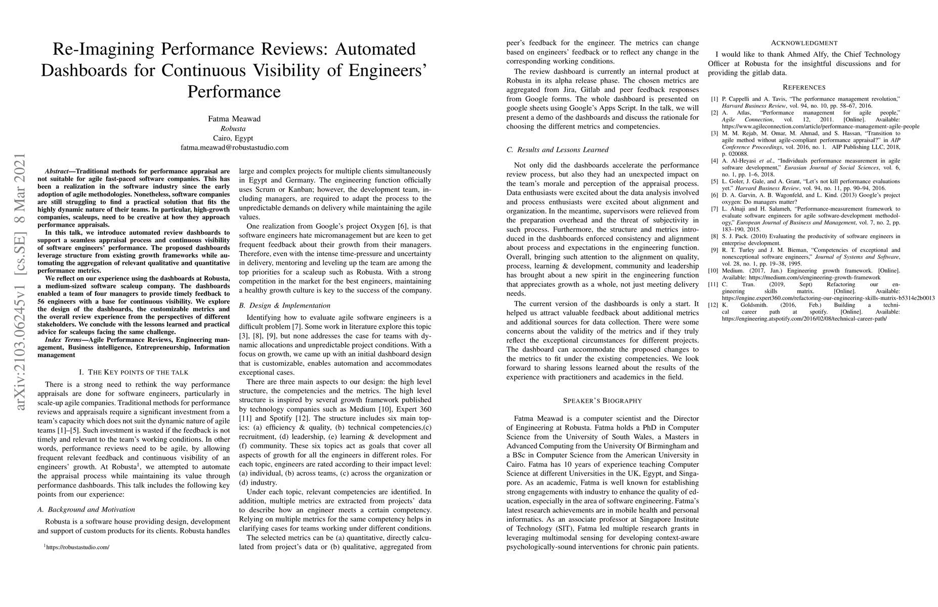 Thumbnail for Re-Imagining Performance Reviews: Automated Dashboards for Continuous
  Visibility of Engineers Performance