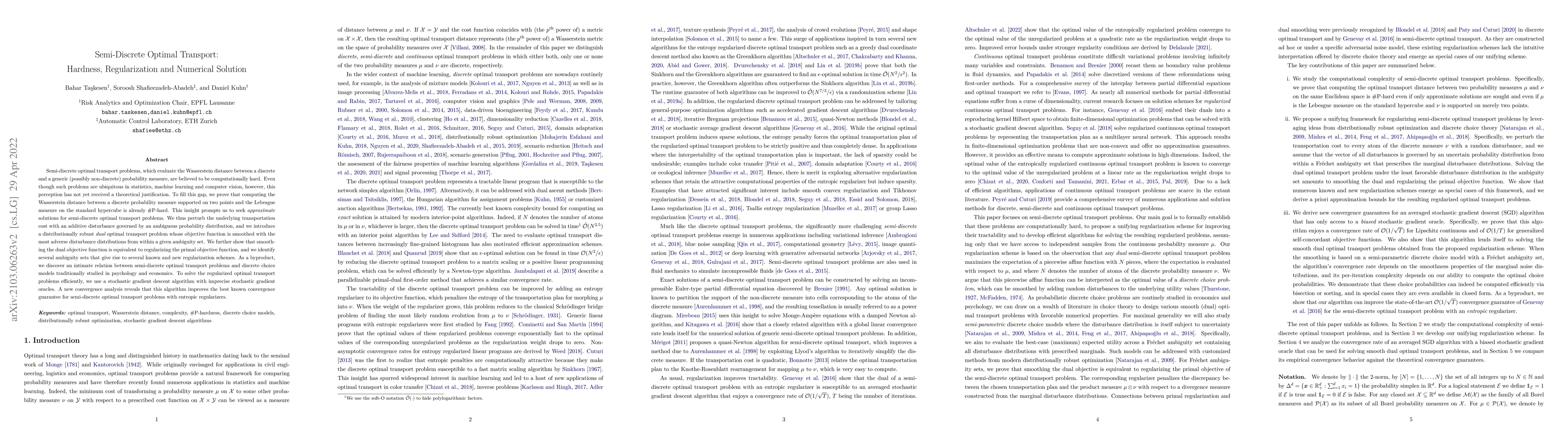 Thumbnail for Semi-Discrete Optimal Transport: Hardness, Regularization and Numerical
  Solution