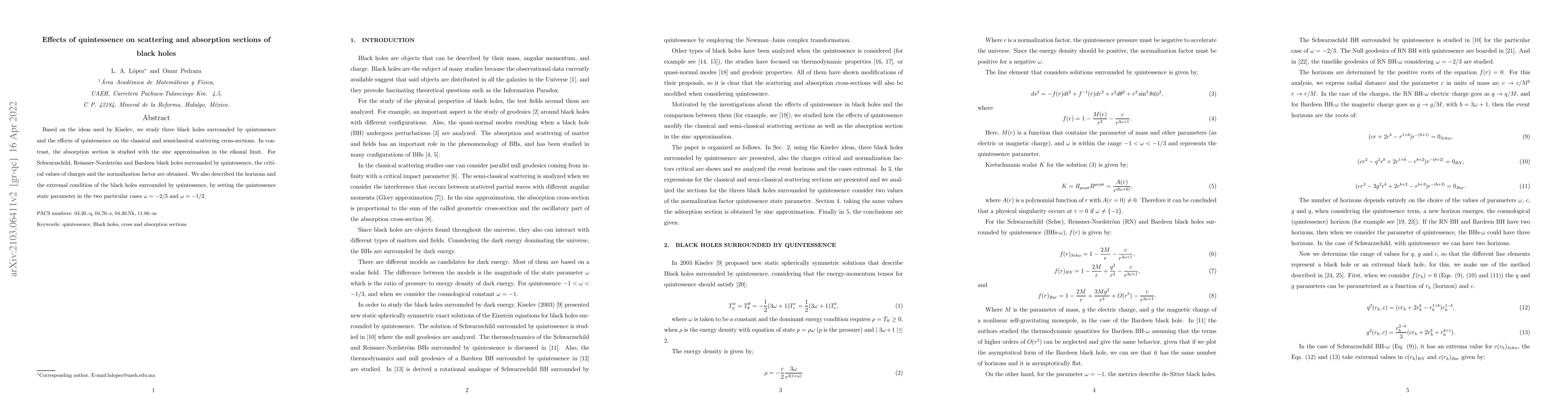 Thumbnail for Effects of quintessence on scattering and absorption sections of black
  holes