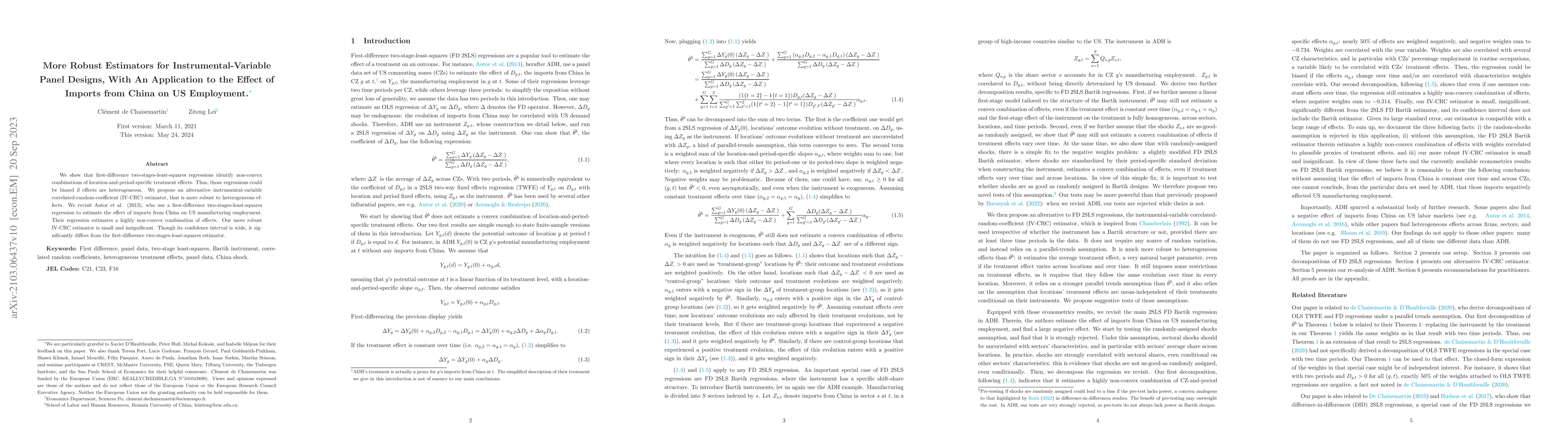 Thumbnail for More Robust Estimators for Instrumental-Variable Panel Designs, With An
  Application to the Effect of Imports from China on US Employment