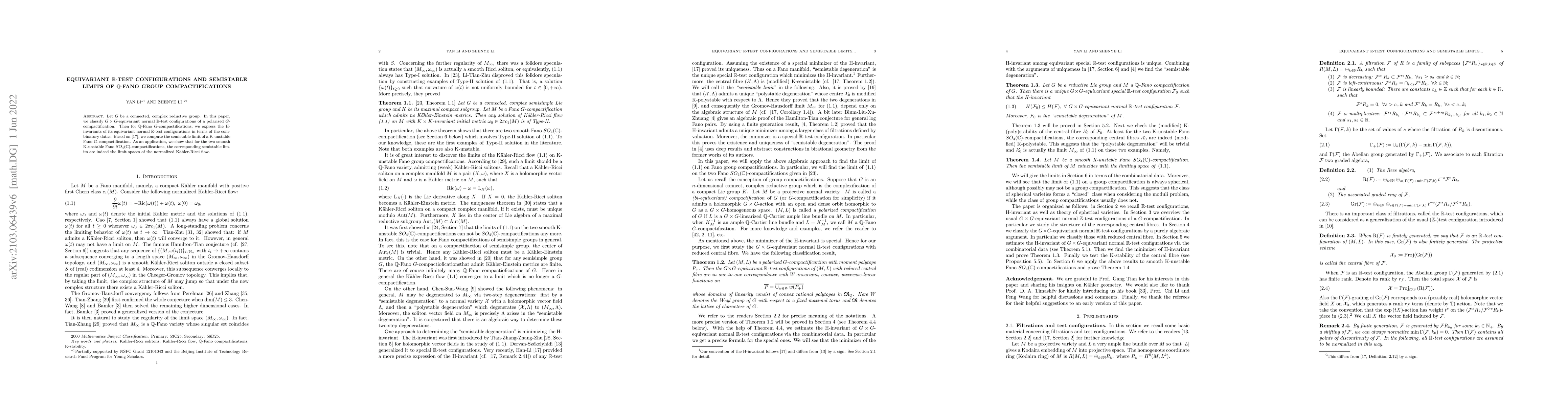 Thumbnail for Equivariant $\mathbb R$-test configurations and semistable limits of
  $\mathbb Q$-Fano group compactifications