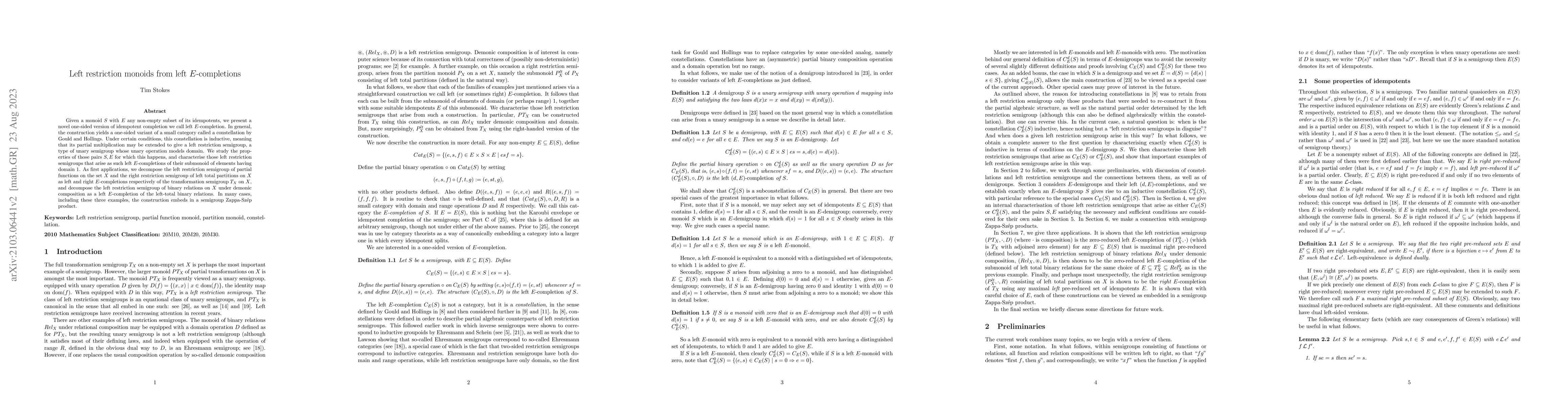 Thumbnail for Left restriction monoids from left $E$-completions
