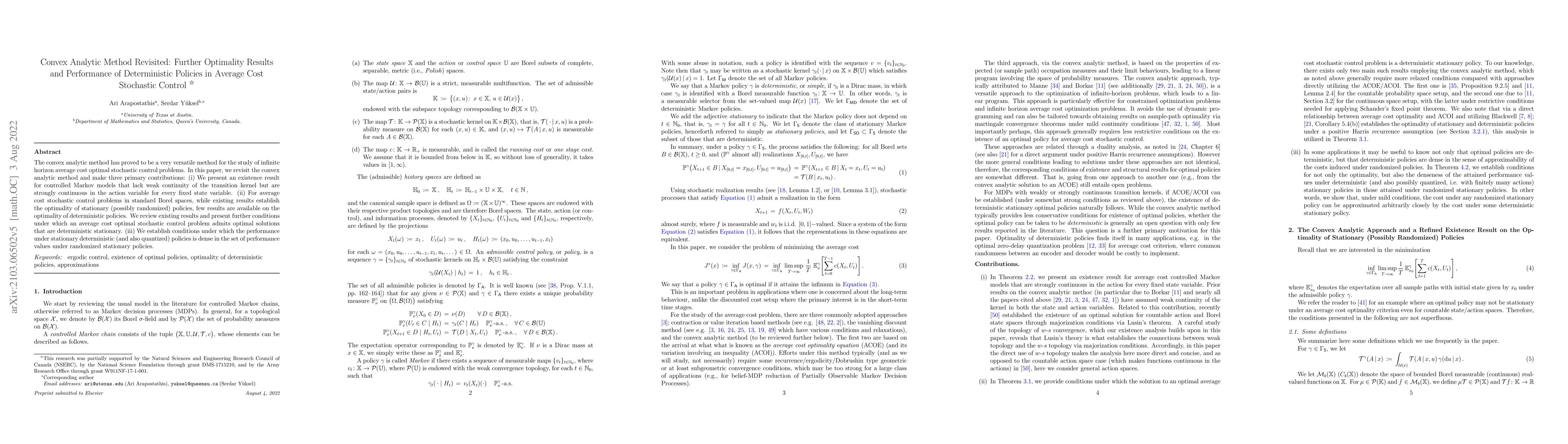 Thumbnail for Convex Analytic Method Revisited: Further Optimality Results and
  Performance of Deterministic Policies in Average Cost Stochastic Control