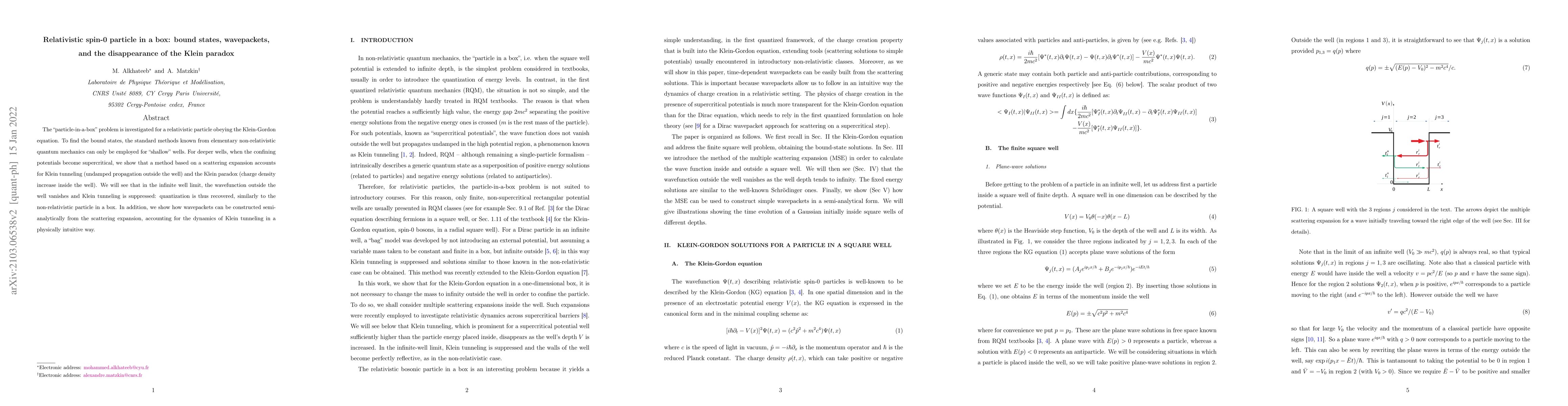 Thumbnail for Relativistic spin-0 particle in a box: bound states, wavepackets, and
  the disappearance of the Klein paradox