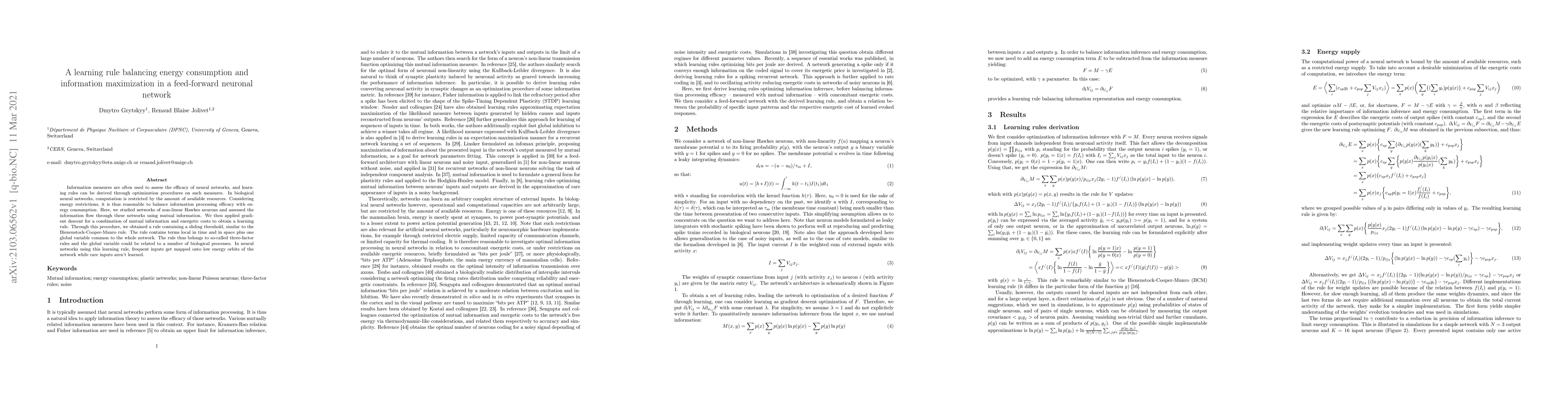 Thumbnail for A learning rule balancing energy consumption and information
  maximization in a feed-forward neuronal network