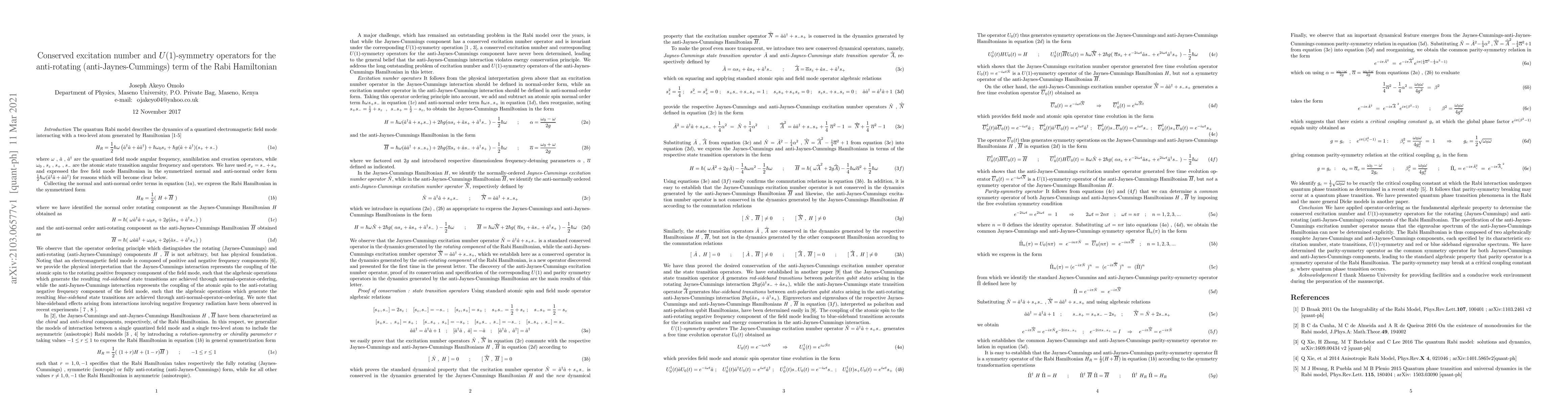 Thumbnail for Conserved excitation number and U(1)-symmetry operator for the
  anti-rotating (anti-Jaynes-Cummings) term of the Rabi Hamiltonian