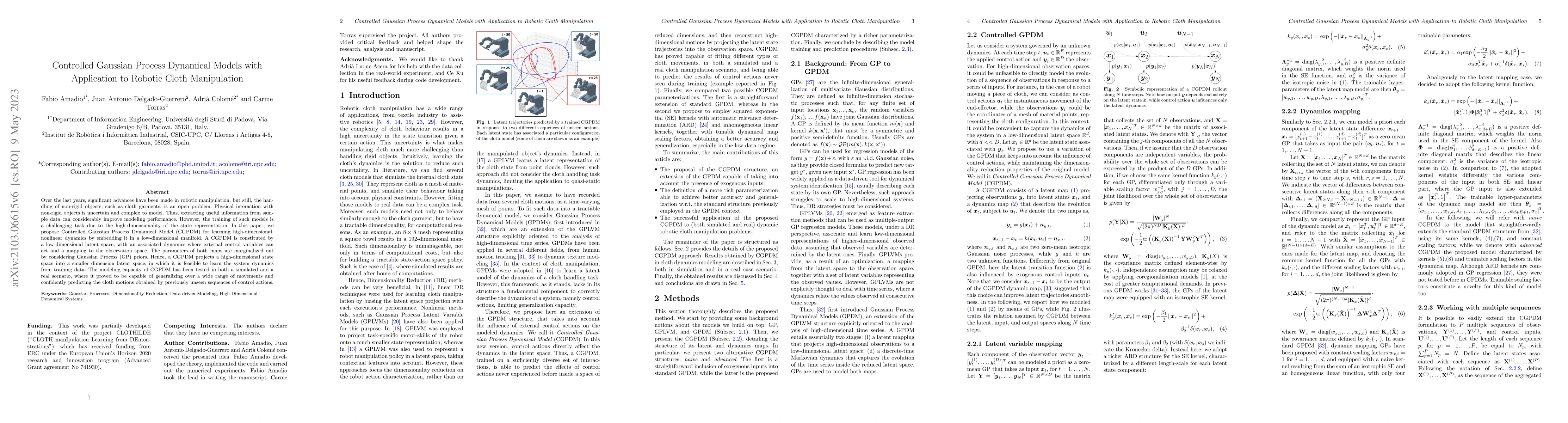 Thumbnail for Controlled Gaussian Process Dynamical Models with Application to Robotic
  Cloth Manipulation