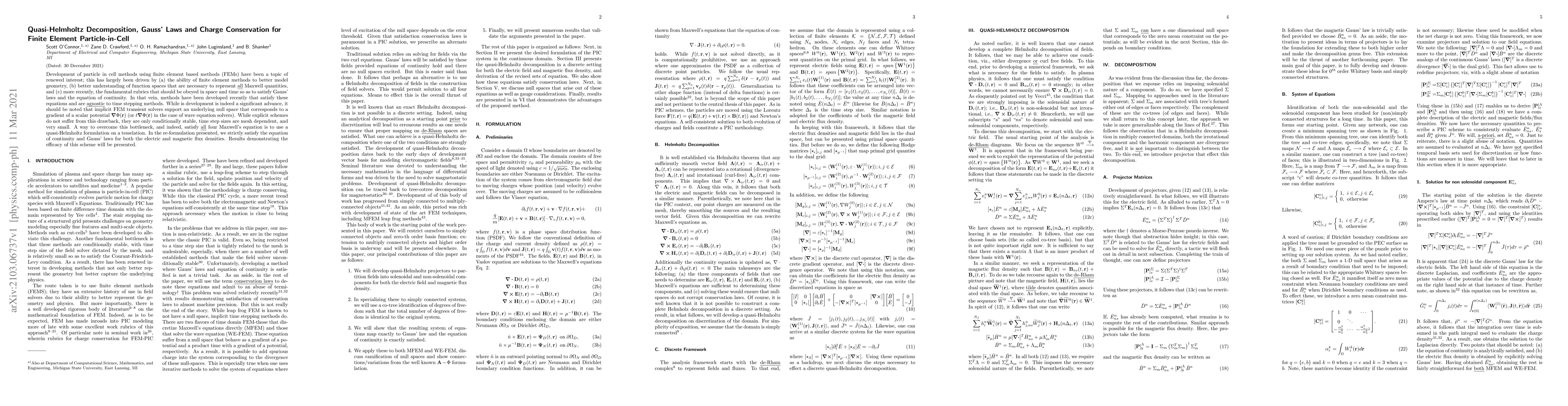 Thumbnail for Quasi-Helmholtz Decomposition, Gauss' Laws and Charge Conservation for
  Finite Element Particle-in-Cell