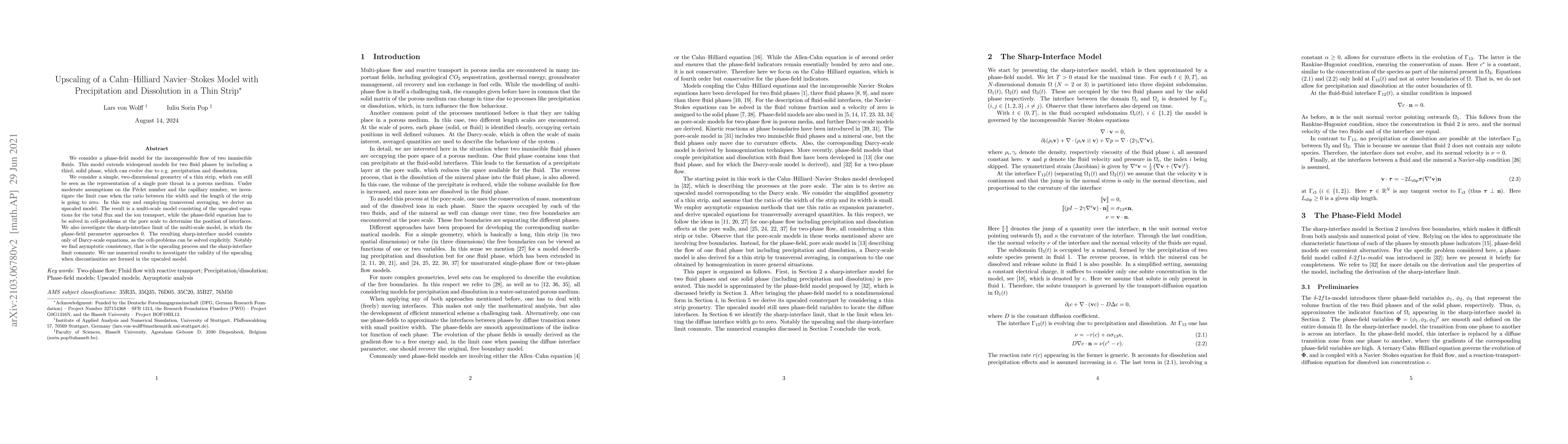 Thumbnail for Upscaling of a Cahn-Hilliard Navier-Stokes Model with Precipitation and
  Dissolution in a Thin Strip