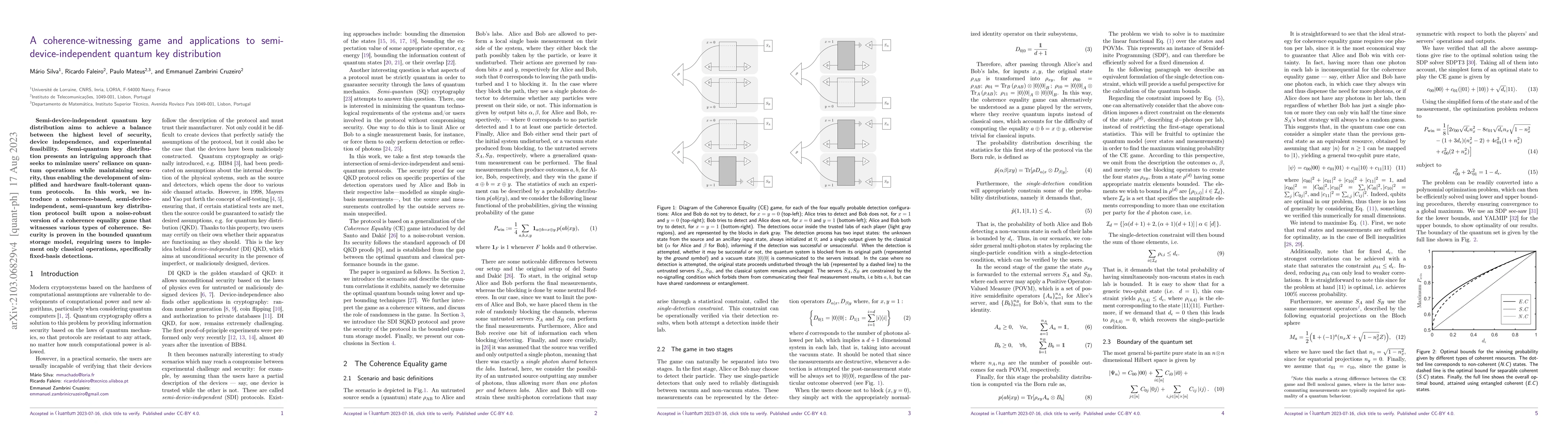 Thumbnail for A coherence-witnessing game and applications to semi-device-independent
  quantum key distribution