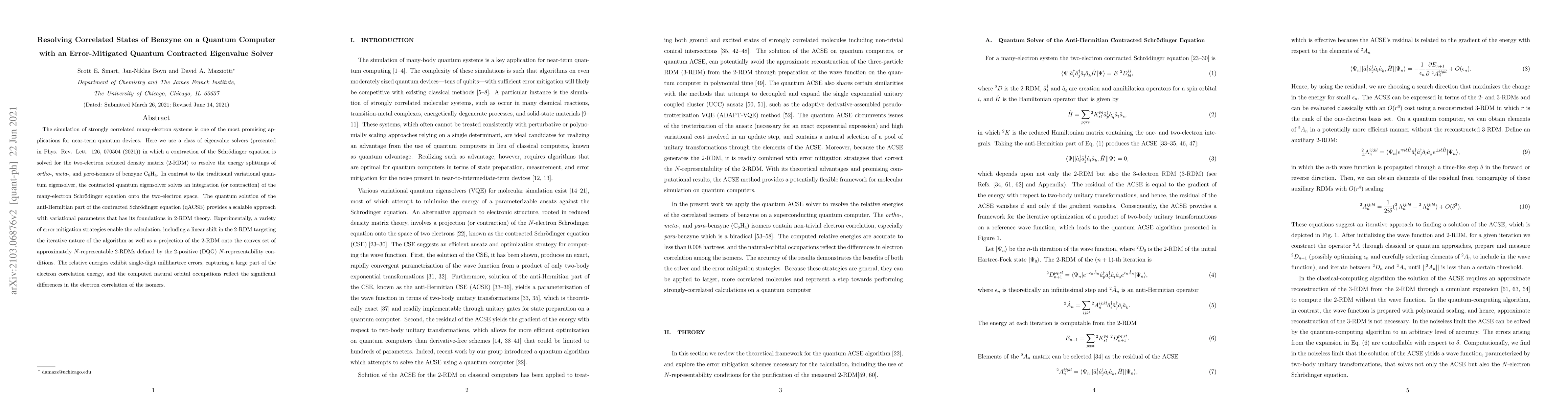 Thumbnail for Resolving Correlated States of Benzyne on a Quantum Computer with an
  Error-Mitigated Quantum Contracted Eigenvalue Solver