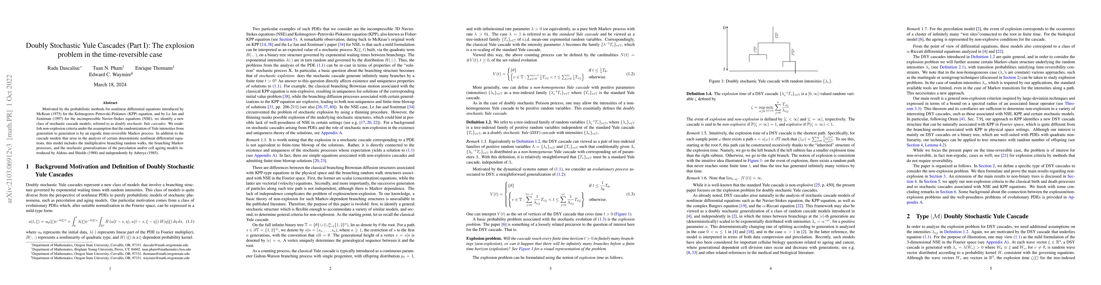 Thumbnail for Doubly Stochastic Yule Cascades (Part I): The explosion problem in the
  time-reversible case