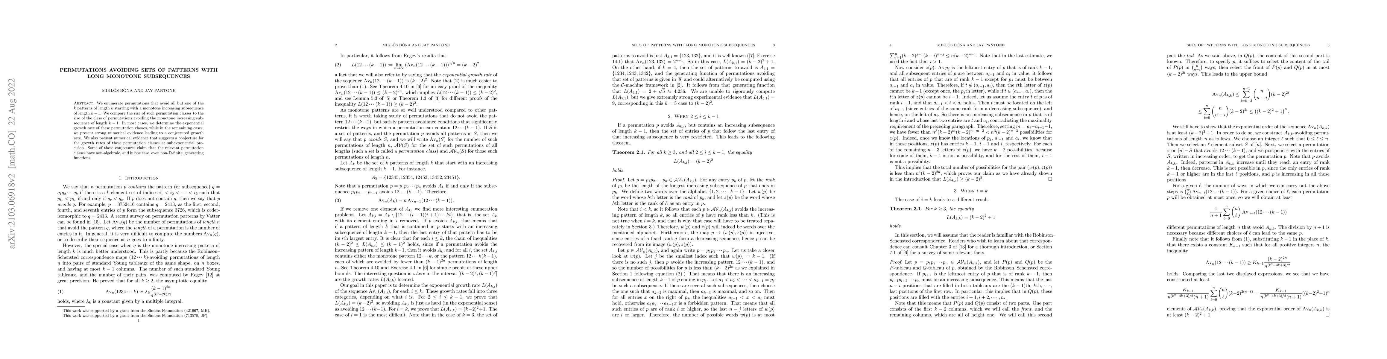 Thumbnail for Permutations avoiding sets of patterns with long monotone subsequences