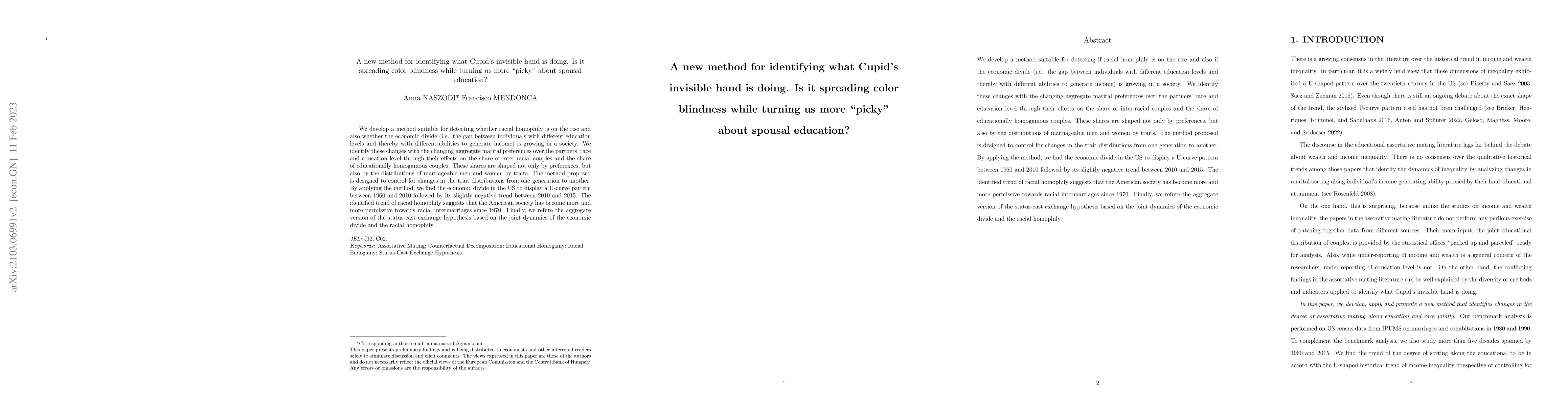 Thumbnail for A new method for identifying what Cupid's invisible hand is doing. Is it
  spreading color blindness while turning us more "picky'' about spousal
  education?