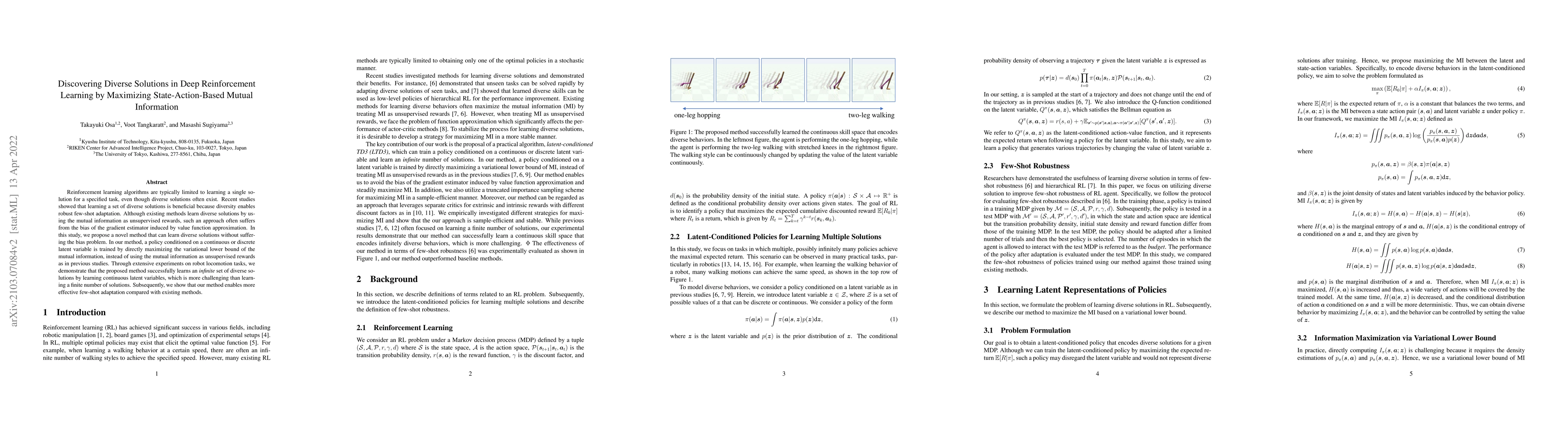 Thumbnail for Discovering Diverse Solutions in Deep Reinforcement Learning by
  Maximizing State-Action-Based Mutual Information