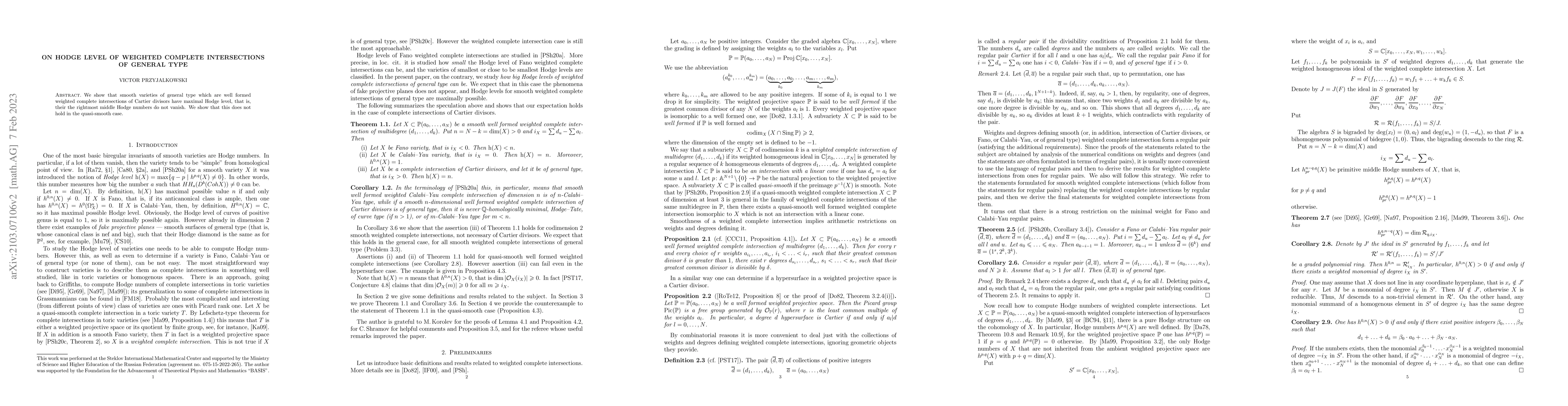Thumbnail for On Hodge level of weighted complete intersections of general type
