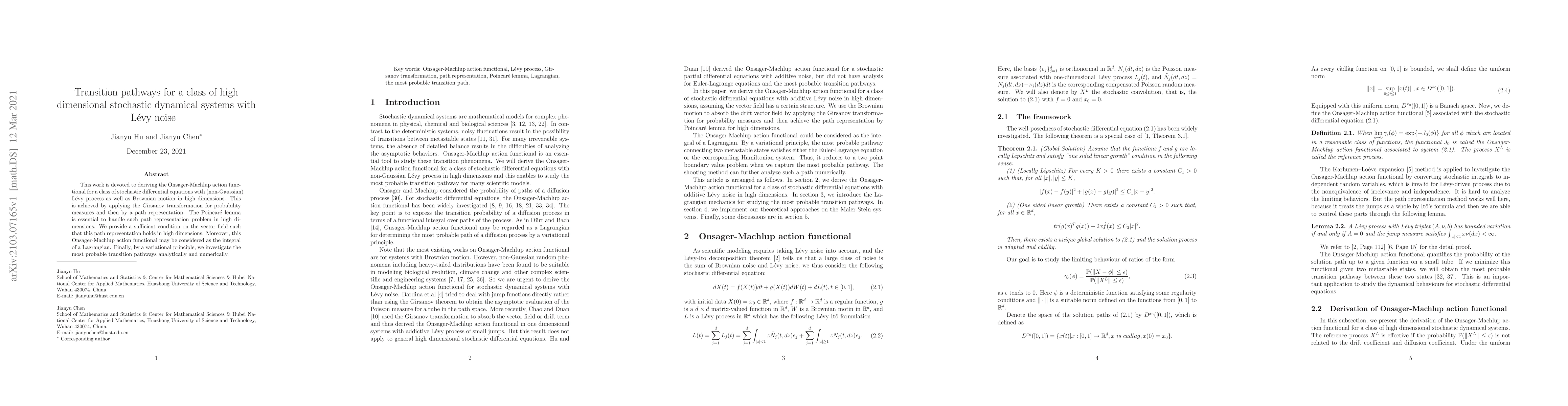 Thumbnail for Transition pathways for a class of high dimensional stochastic dynamical
  systems with L\'{e}vy noise