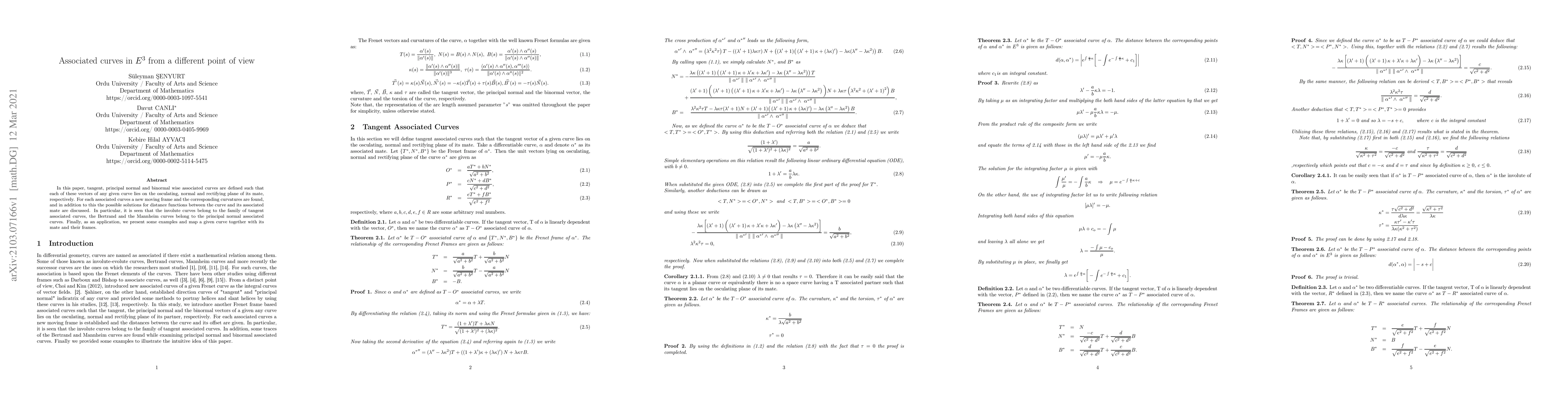 Thumbnail for Associated Curves in $E^3$ from a Different Point of View