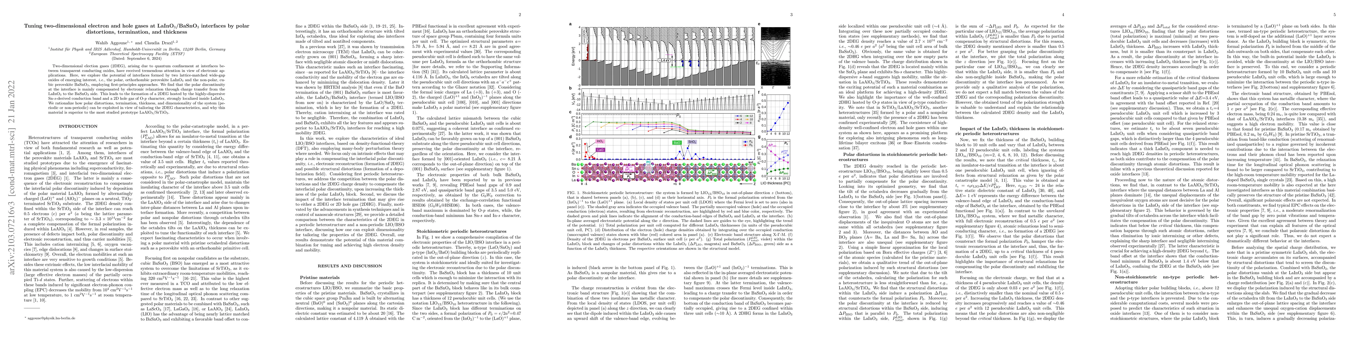 Thumbnail for Tuning two-dimensional electron (hole) gases at LaInO$_{3}$/BaSnO$_{3}$
  interfaces: Impact of polar distortions, termination, and thickness