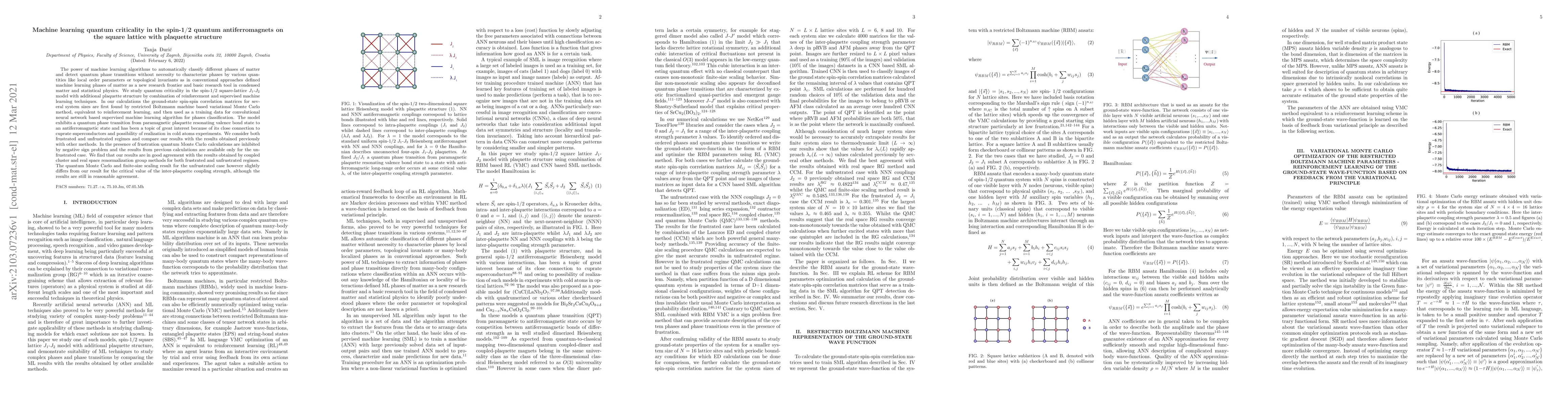 Thumbnail for Machine learning quantum criticality in the spin-1/2 quantum
  antiferromagnets on the square lattice with plaquette structure