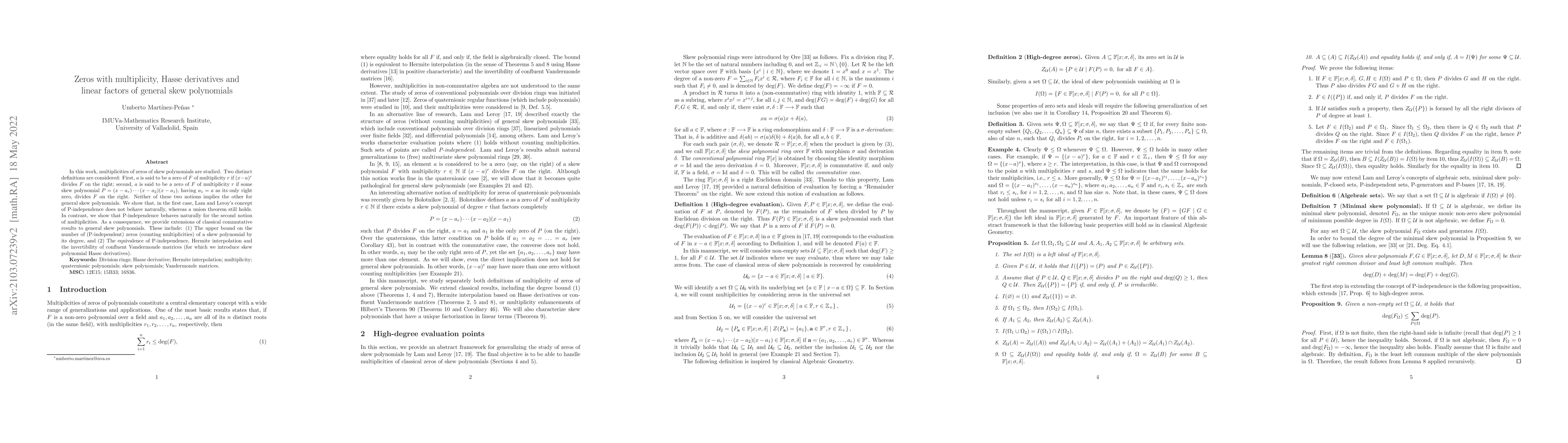 Thumbnail for Zeros with multiplicity, Hasse derivatives and linear factors of general
  skew polynomials