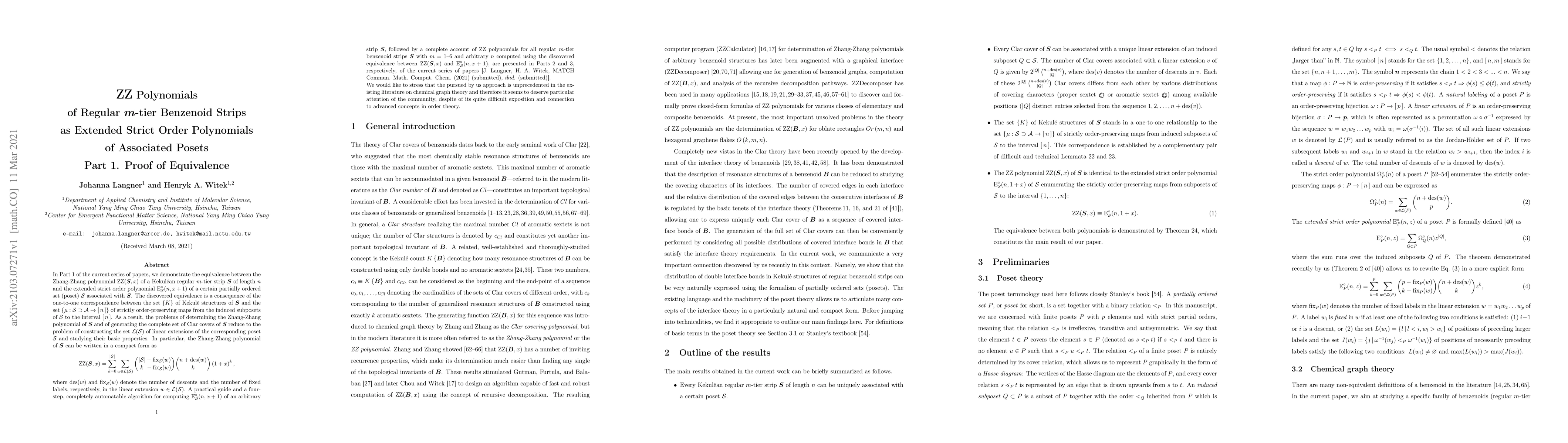 Thumbnail for ZZ Polynomials of Regular $m$-tier Benzenoid Strips as Extended Strict
  Order Polynomials of Associated Posets -- Part 1. Proof of Equivalence
