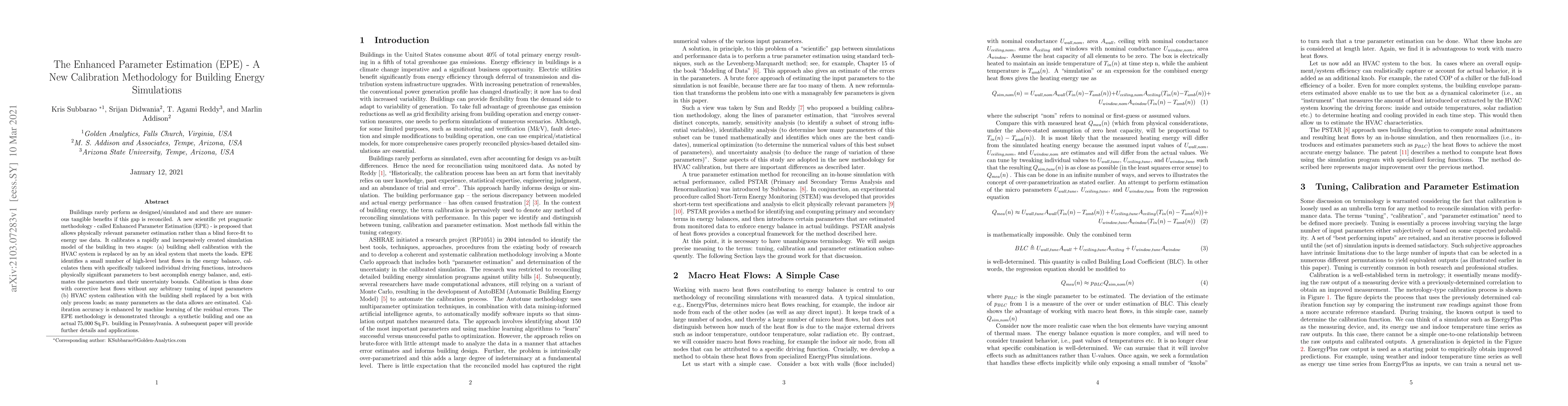 Thumbnail for The Enhanced Parameter Estimation (EPE) -- A New Calibration Methodology
  for Building Energy Simulations