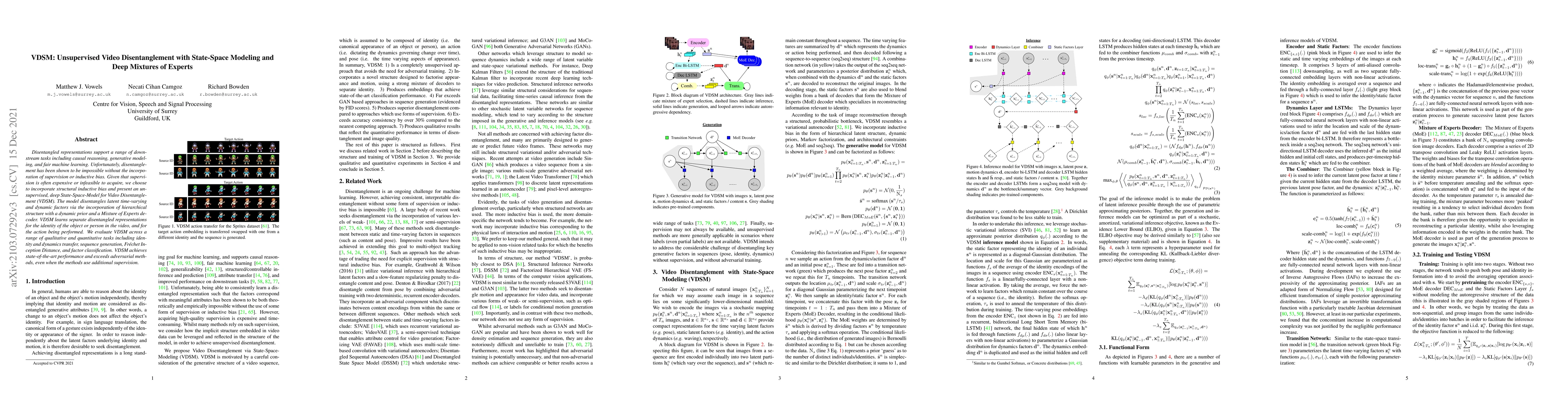 Thumbnail for VDSM: Unsupervised Video Disentanglement with State-Space Modeling and
  Deep Mixtures of Experts