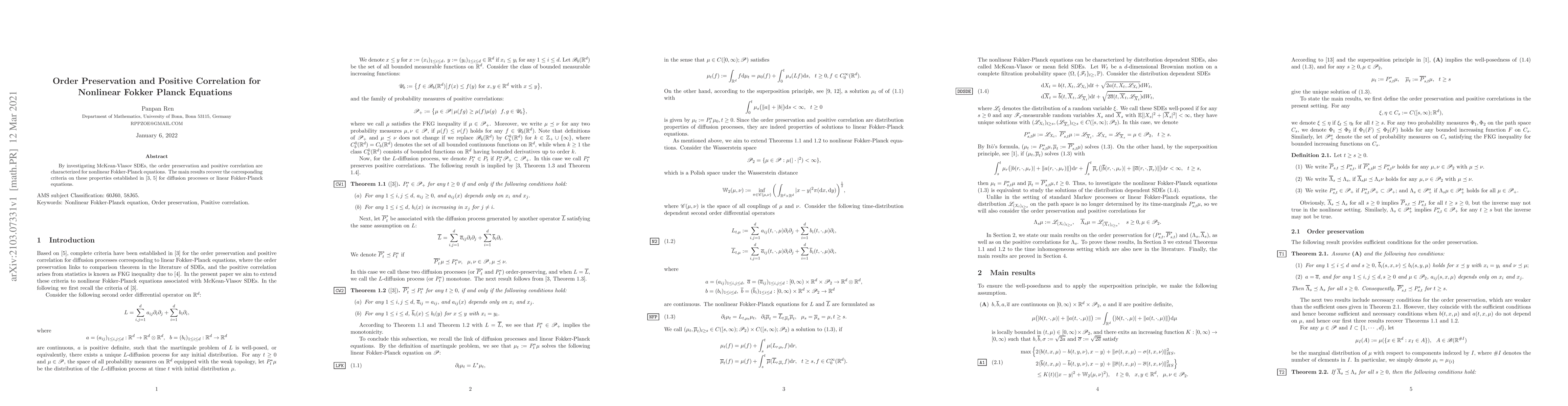 Thumbnail for Order Preservation and Positive Correlation for Nonlinear Fokker Planck
  Equations