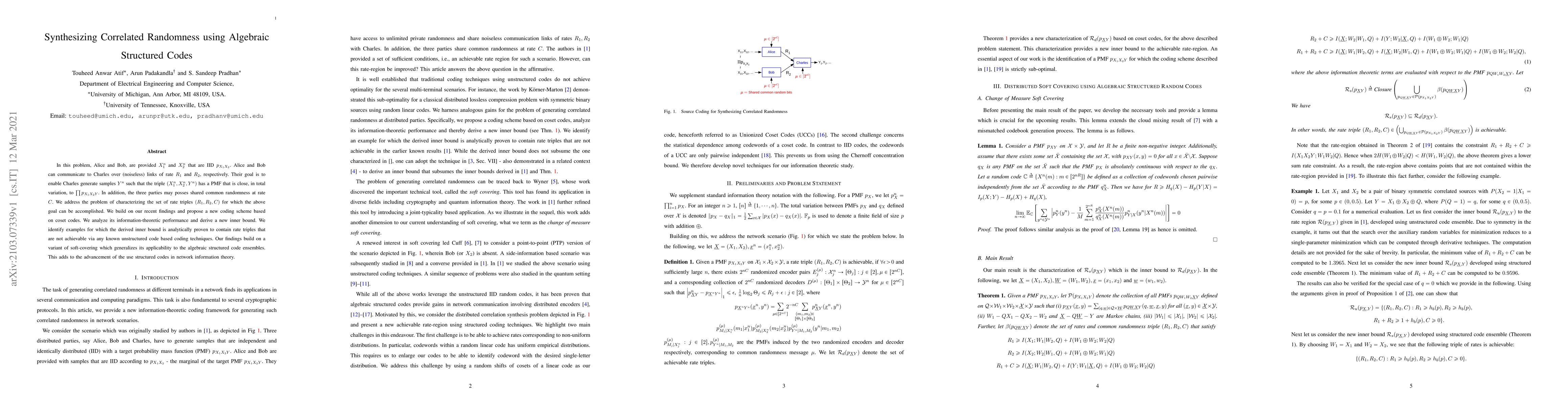 Thumbnail for Synthesizing Correlated Randomness using Algebraic Structured Codes
