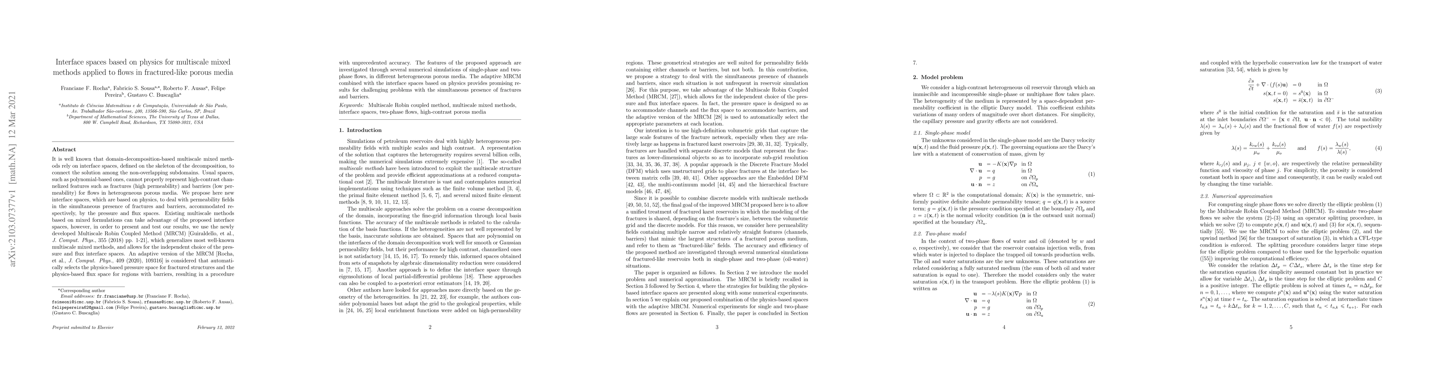 Thumbnail for Interface spaces based on physics for multiscale mixed methods applied
  to flows in fractured-like porous media
