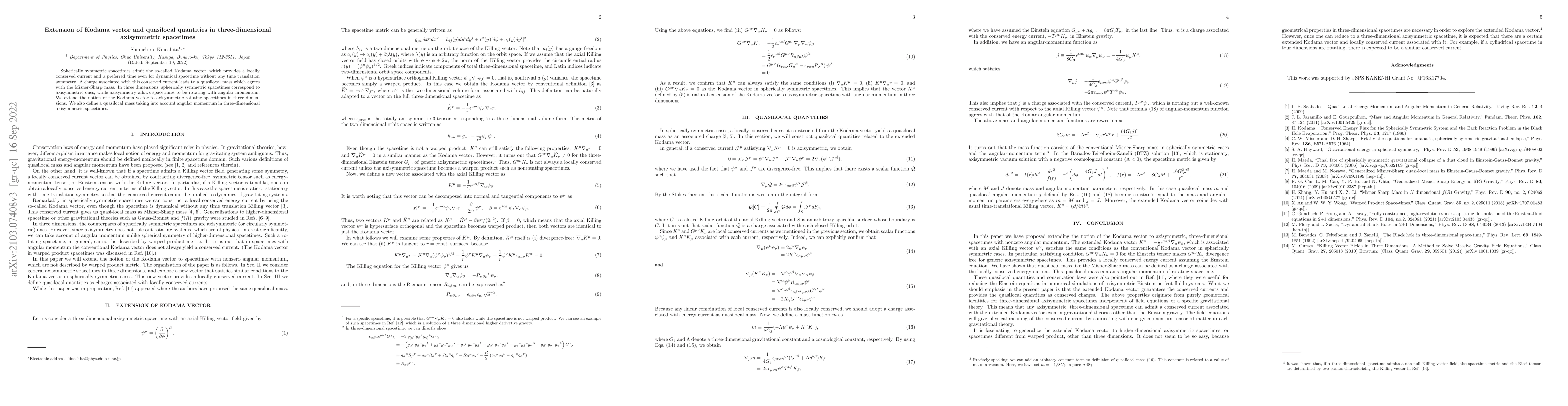 Thumbnail for Extension of Kodama vector and quasilocal quantities in
  three-dimensional axisymmetric spacetimes