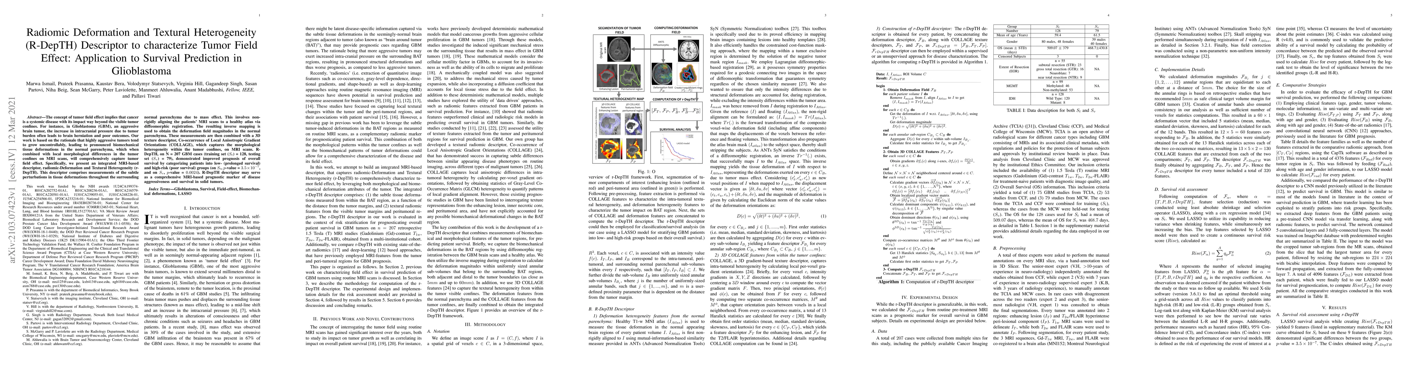 Thumbnail for Radiomic Deformation and Textural Heterogeneity (R-DepTH) Descriptor to
  characterize Tumor Field Effect: Application to Survival Prediction in
  Glioblastoma