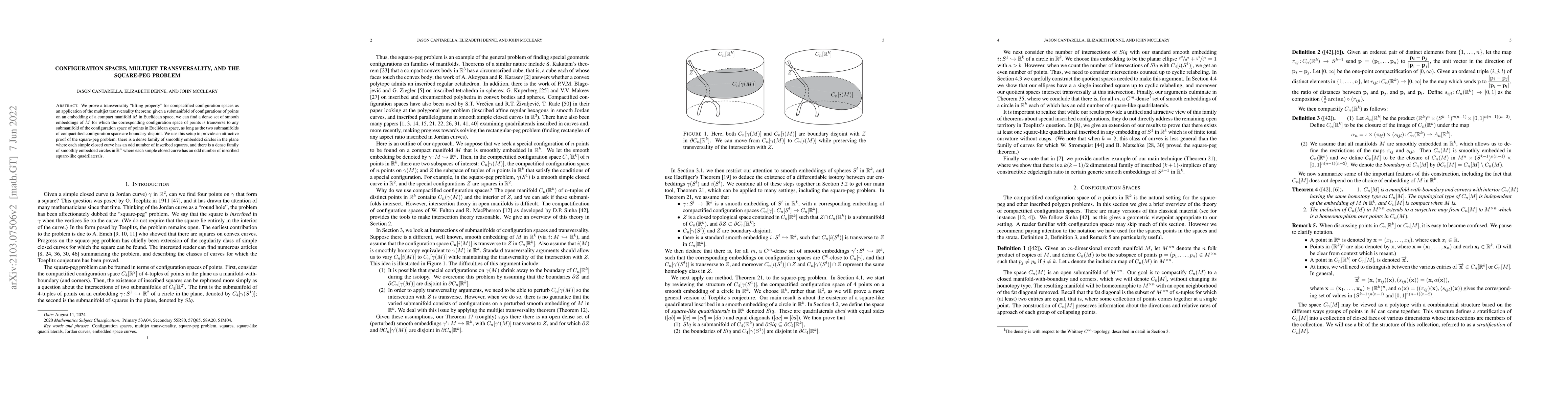 Thumbnail for Configuration Spaces, Multijet Transversality, and the Square-Peg
  Problem