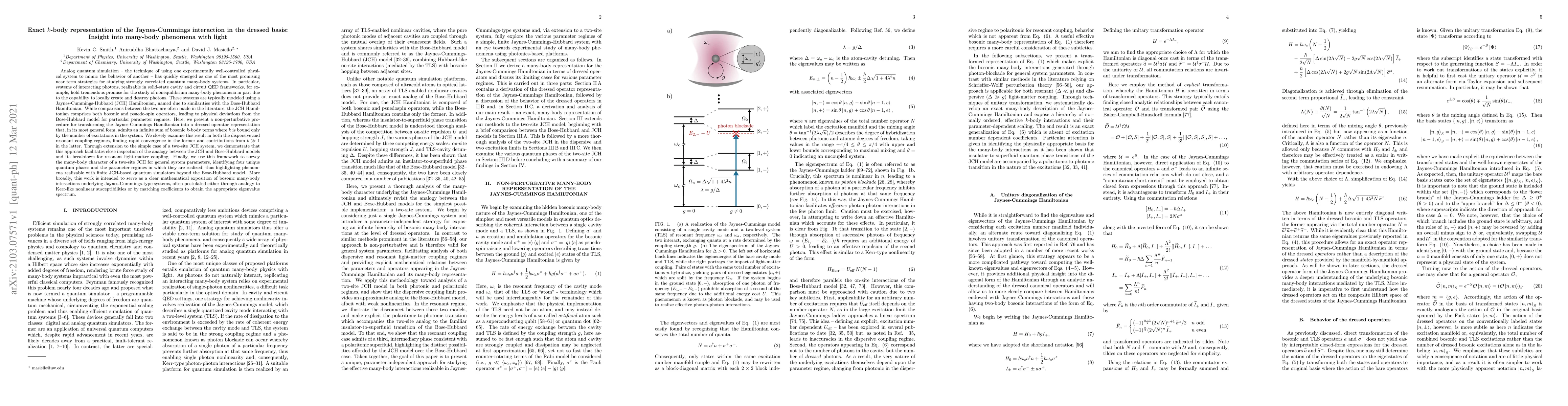 Thumbnail for Exact $k$-body representation of the Jaynes-Cummings interaction in the
  dressed basis: Insight into many-body phenomena with light