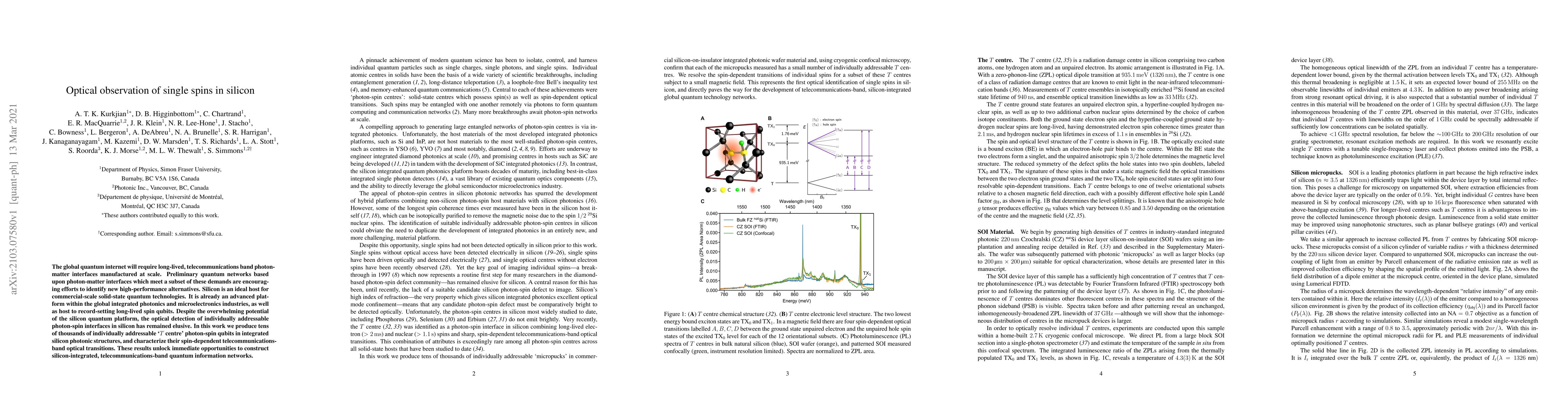 Thumbnail for Optical observation of single spins in silicon
