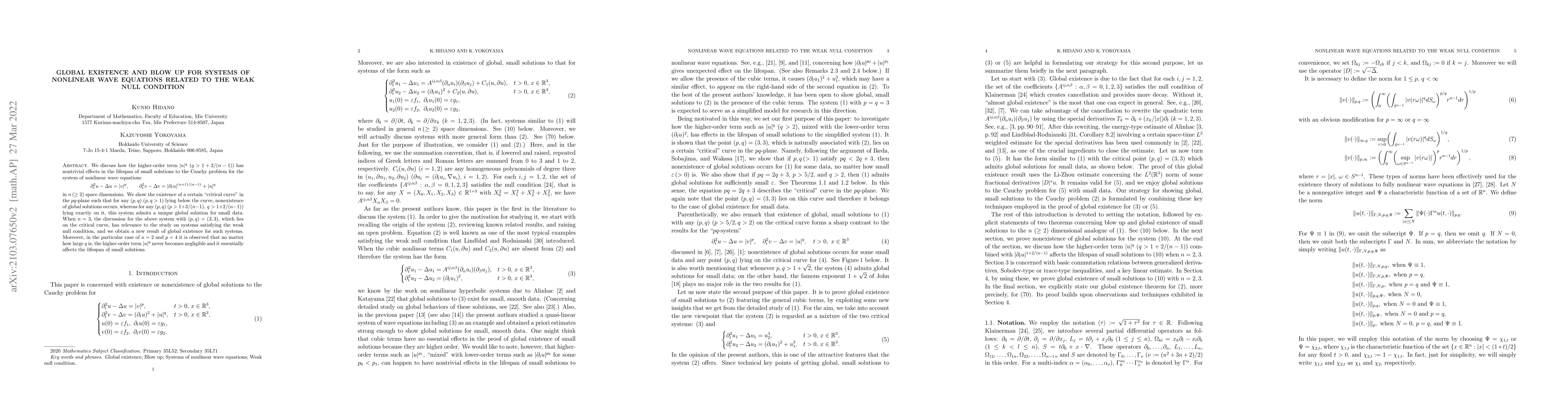 Thumbnail for Global existence and blow up for systems of nonlinear wave equations
  related to the weak null condition
