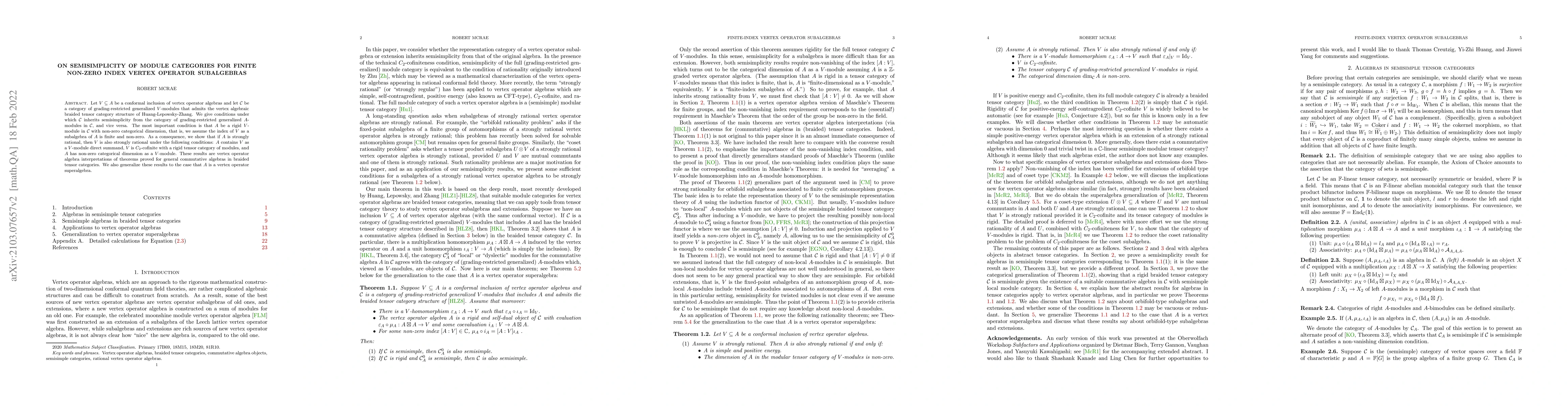 Thumbnail for On semisimplicity of module categories for finite non-zero index vertex
  operator subalgebras