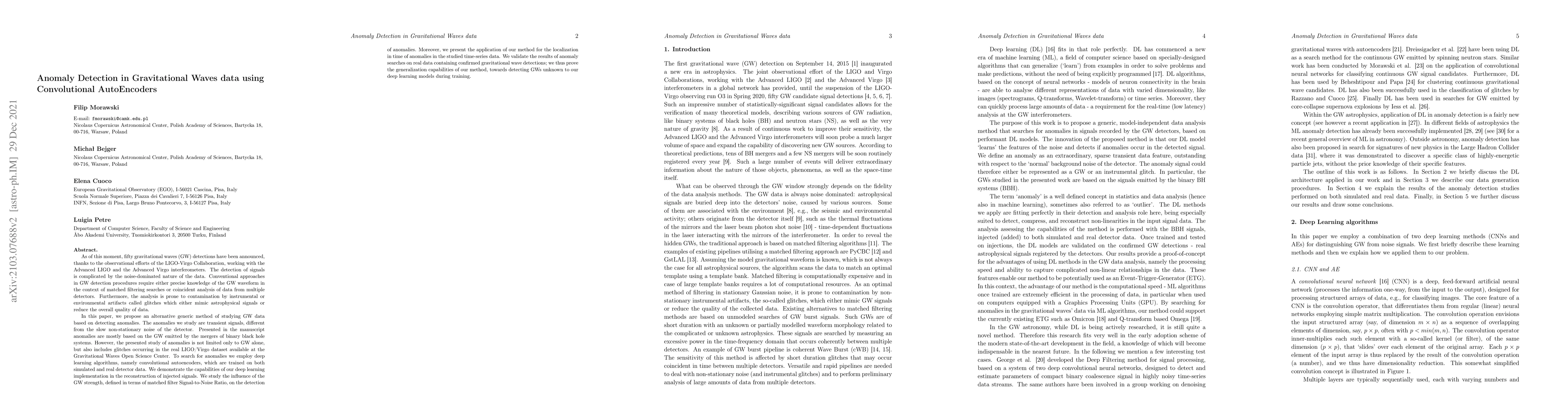 Thumbnail for Anomaly Detection in Gravitational Waves data using Convolutional
  AutoEncoders